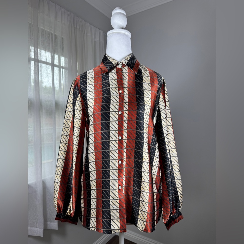 Vintage ‘90s Copper, Black & Beige Collared Long Sleeve Button Down Blouse